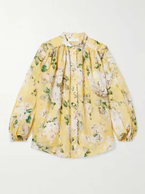 Acacia scalloped floral-print ramie-voile blouse