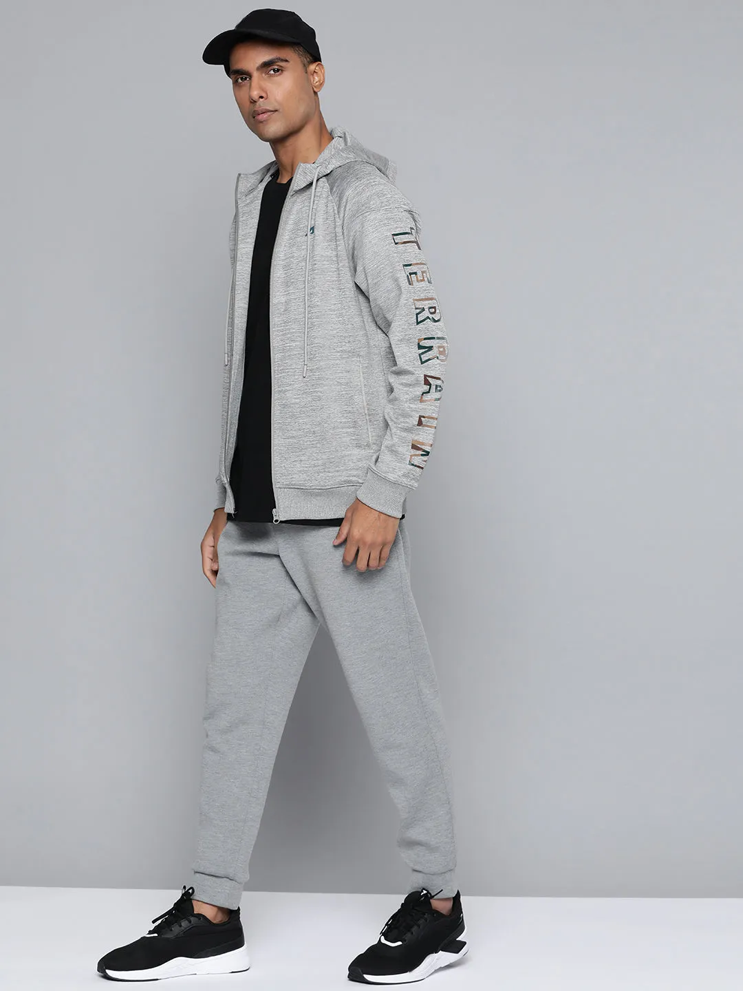 Alcis Men Charcoal Grey Typography Running Sporty Jacket