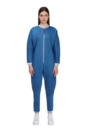 Blue Long Sleeve Casual Zip-Up Bomber Jumpsuit