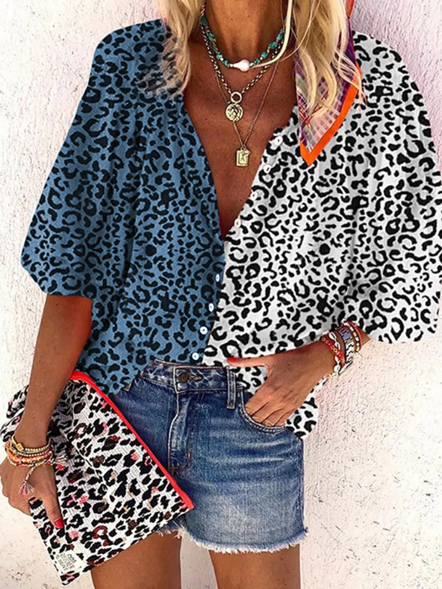 Bohemian V Neck Loose Long Sleeve Colorblock Leopard Shirt Top