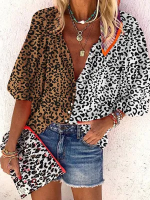 Bohemian V Neck Loose Long Sleeve Colorblock Leopard Shirt Top