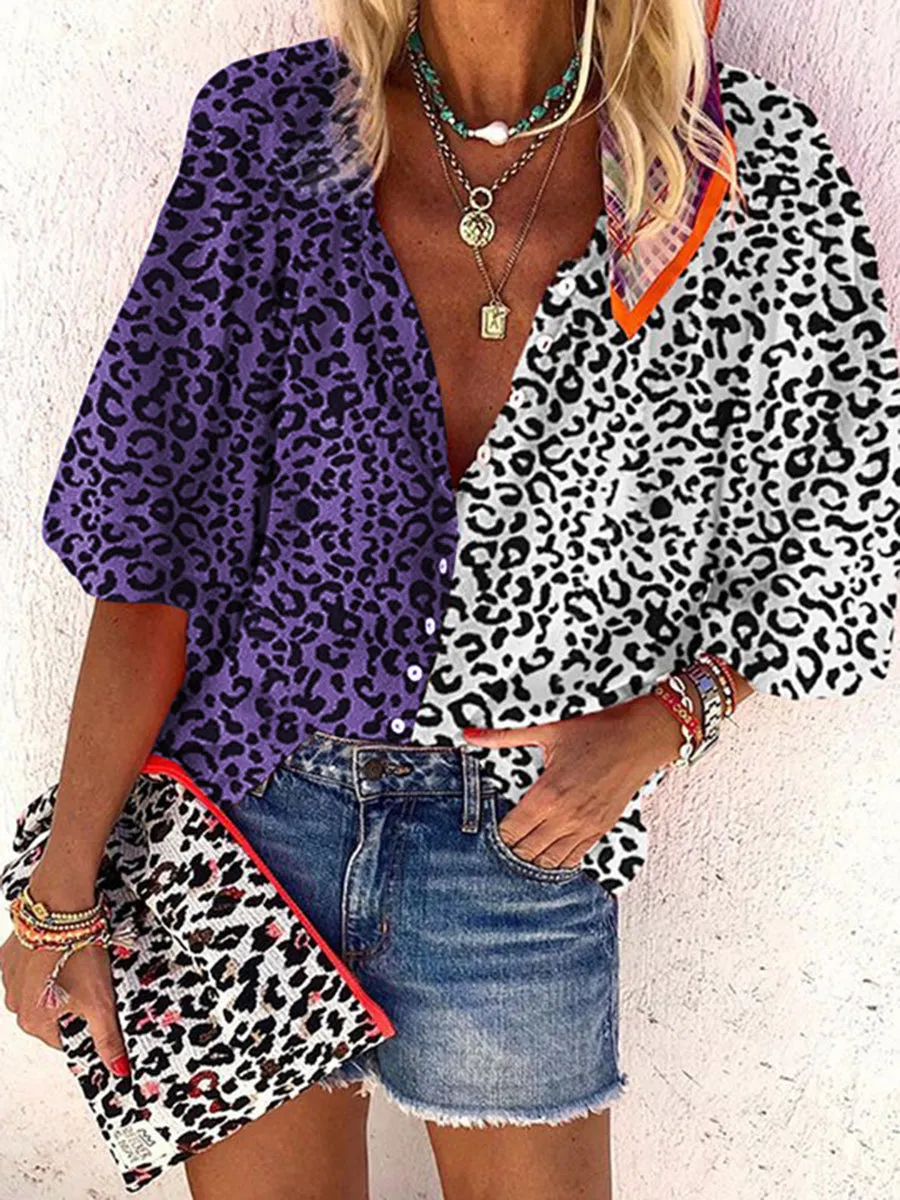 Bohemian V Neck Loose Long Sleeve Colorblock Leopard Shirt Top