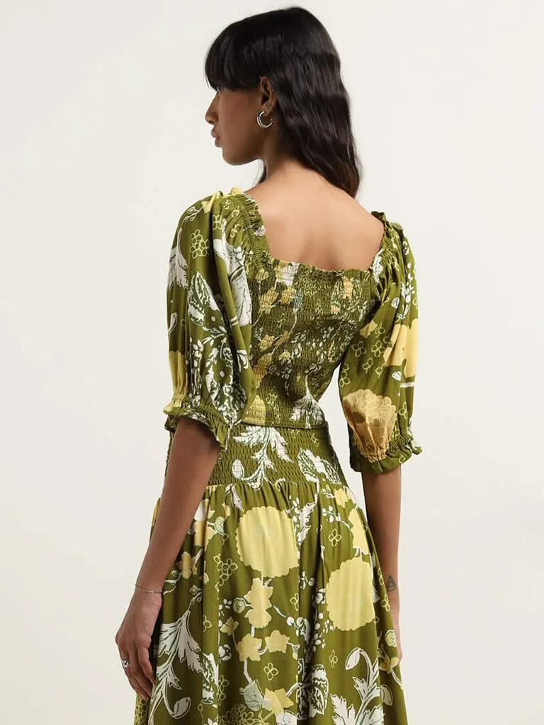 Bombay Paisley Olive Foliage Print Smocked Top