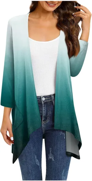 Bomber Jacket Women 3/4 Length Sleeve Draped Long Duster Lightweight Summer Cardigan Gradient Versatile Bolero Shrugs