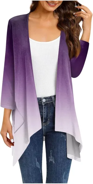 Bomber Jacket Women 3/4 Length Sleeve Draped Long Duster Lightweight Summer Cardigan Gradient Versatile Bolero Shrugs