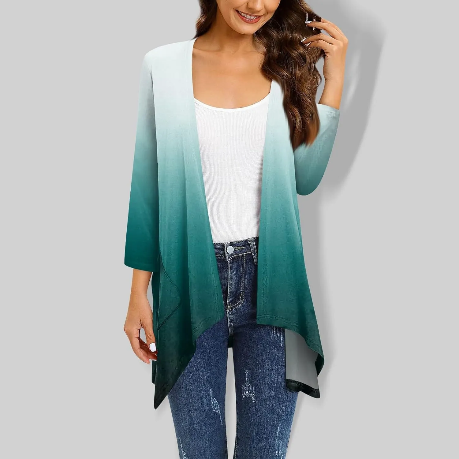 Bomber Jacket Women 3/4 Length Sleeve Draped Long Duster Lightweight Summer Cardigan Gradient Versatile Bolero Shrugs