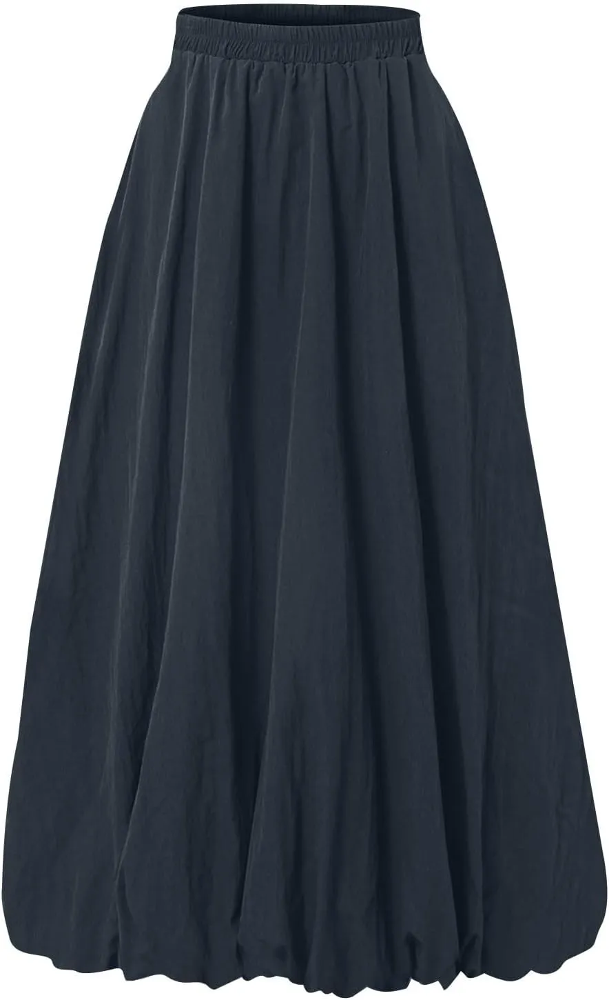 Bubble Skirts for Women Midi Length Trendy 2025 Summer Vacation Elastic High Waisted Flowy Long Skirt with Pockets