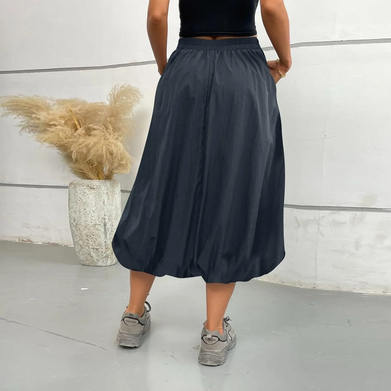 Bubble Skirts for Women Midi Length Trendy 2025 Summer Vacation Elastic High Waisted Flowy Long Skirt with Pockets
