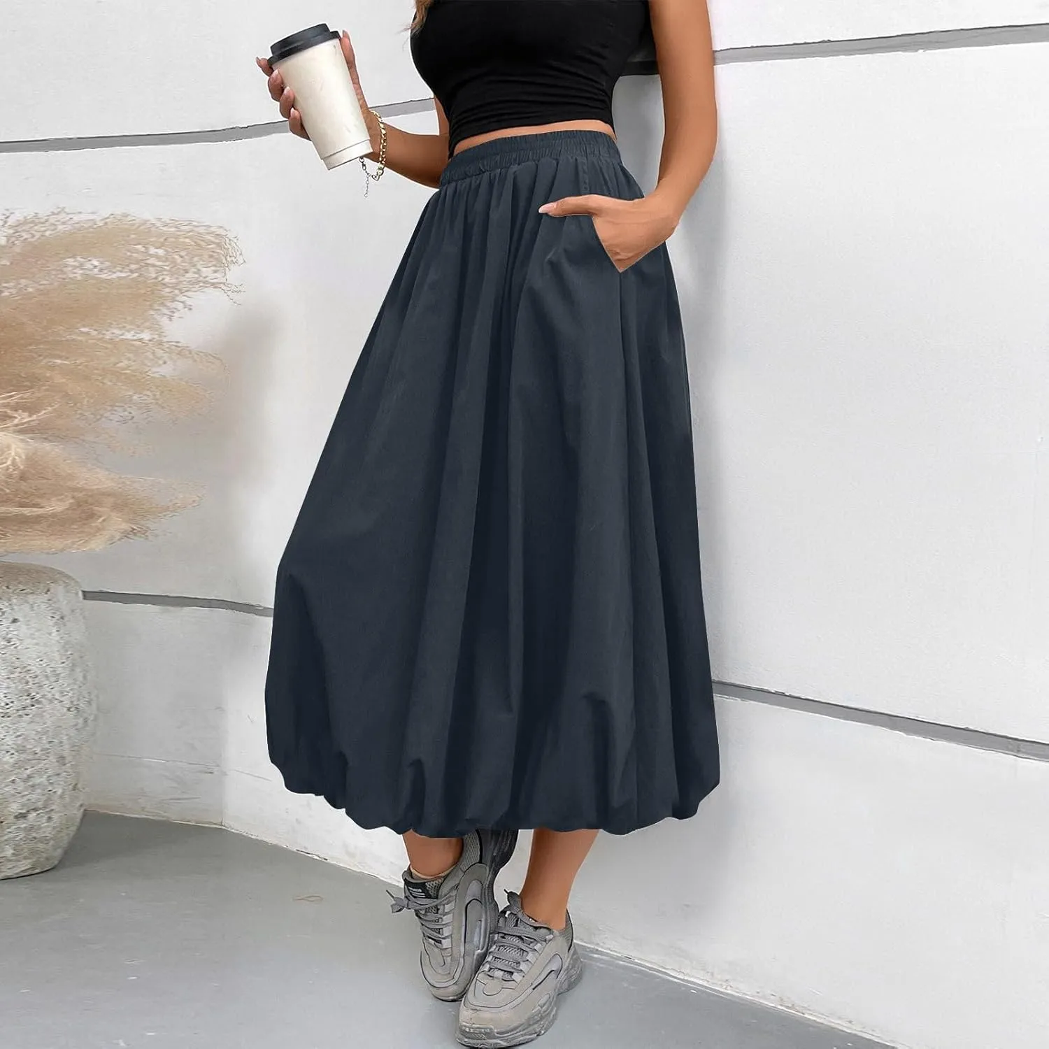 Bubble Skirts for Women Midi Length Trendy 2025 Summer Vacation Elastic High Waisted Flowy Long Skirt with Pockets