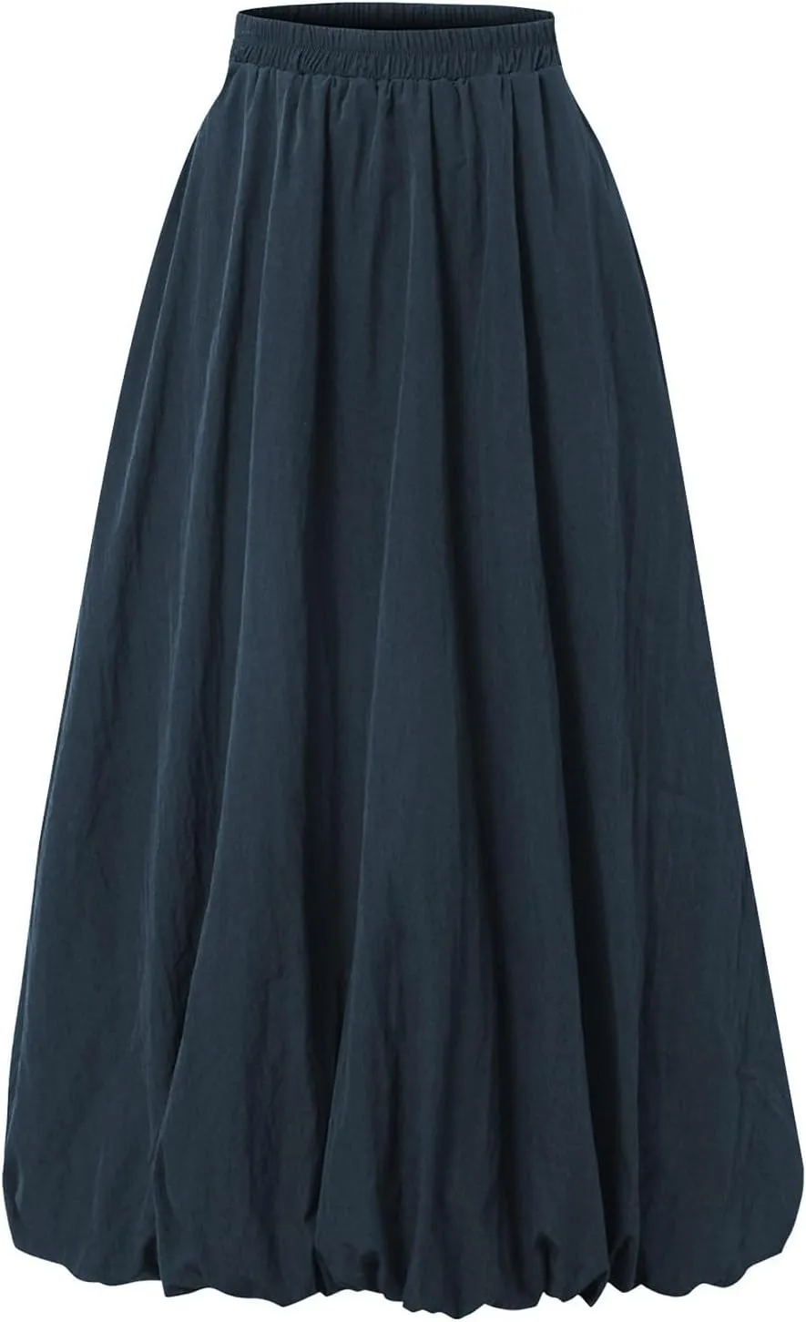Bubble Skirts for Women Midi Length Trendy 2025 Summer Vacation Elastic High Waisted Flowy Long Skirt with Pockets