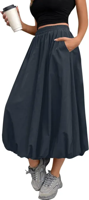 Bubble Skirts for Women Midi Length Trendy 2025 Summer Vacation Elastic High Waisted Flowy Long Skirt with Pockets