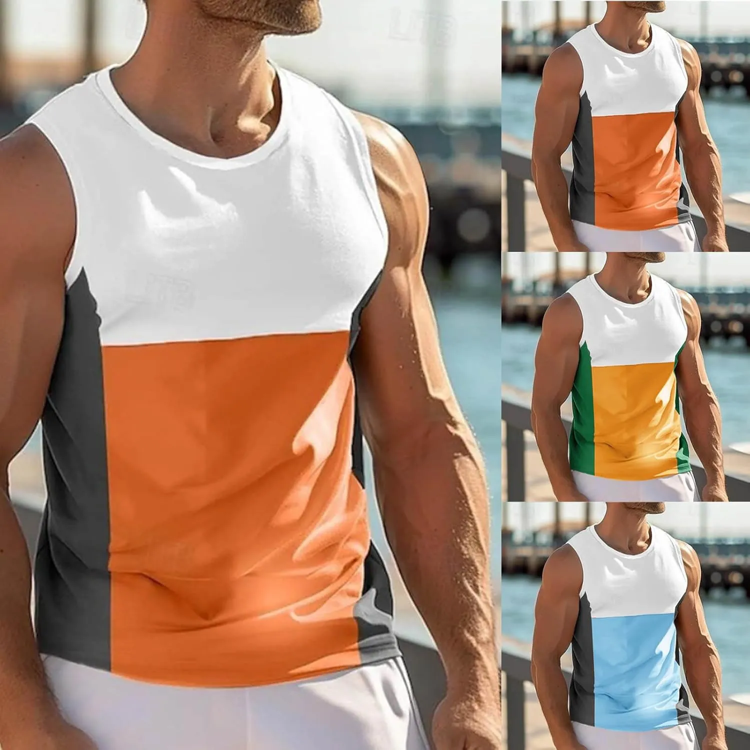 Cambkatl Men's Summer Sleeveless Basic Muscle Tee Shirts Fashion Color Block Crewneck Casual Workout Tank Top