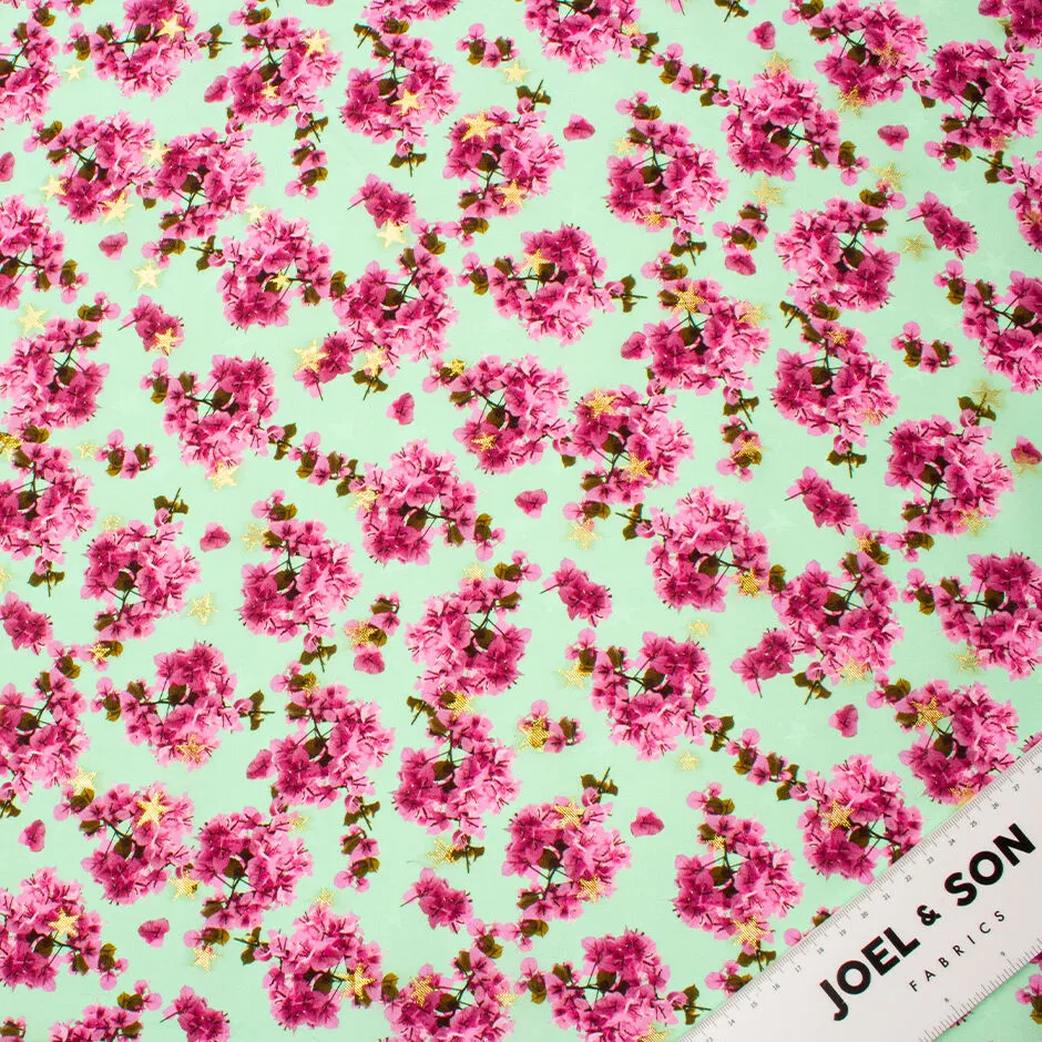 Candy Pink Floral Printed Mint Green Silk Jacquard