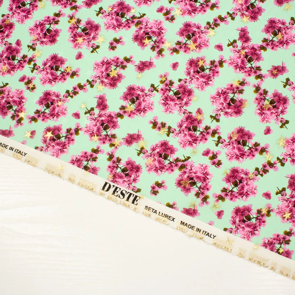 Candy Pink Floral Printed Mint Green Silk Jacquard
