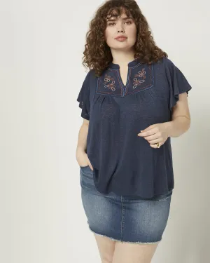 Caty Slub with Yoke Embroidery | Navy