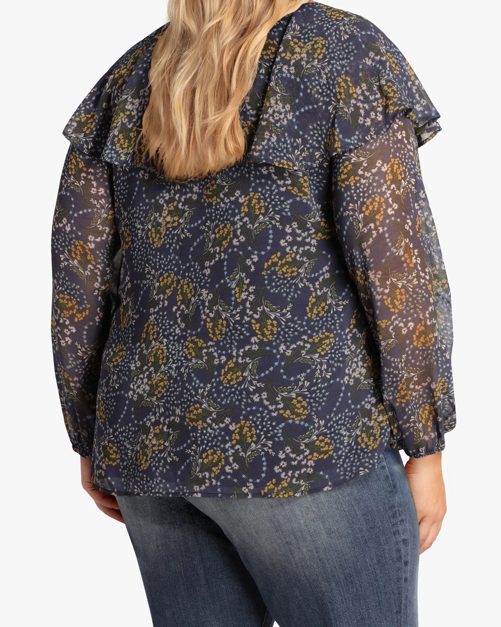 Charlotte Chiffon Ruffle Blouse | Navy / Orange