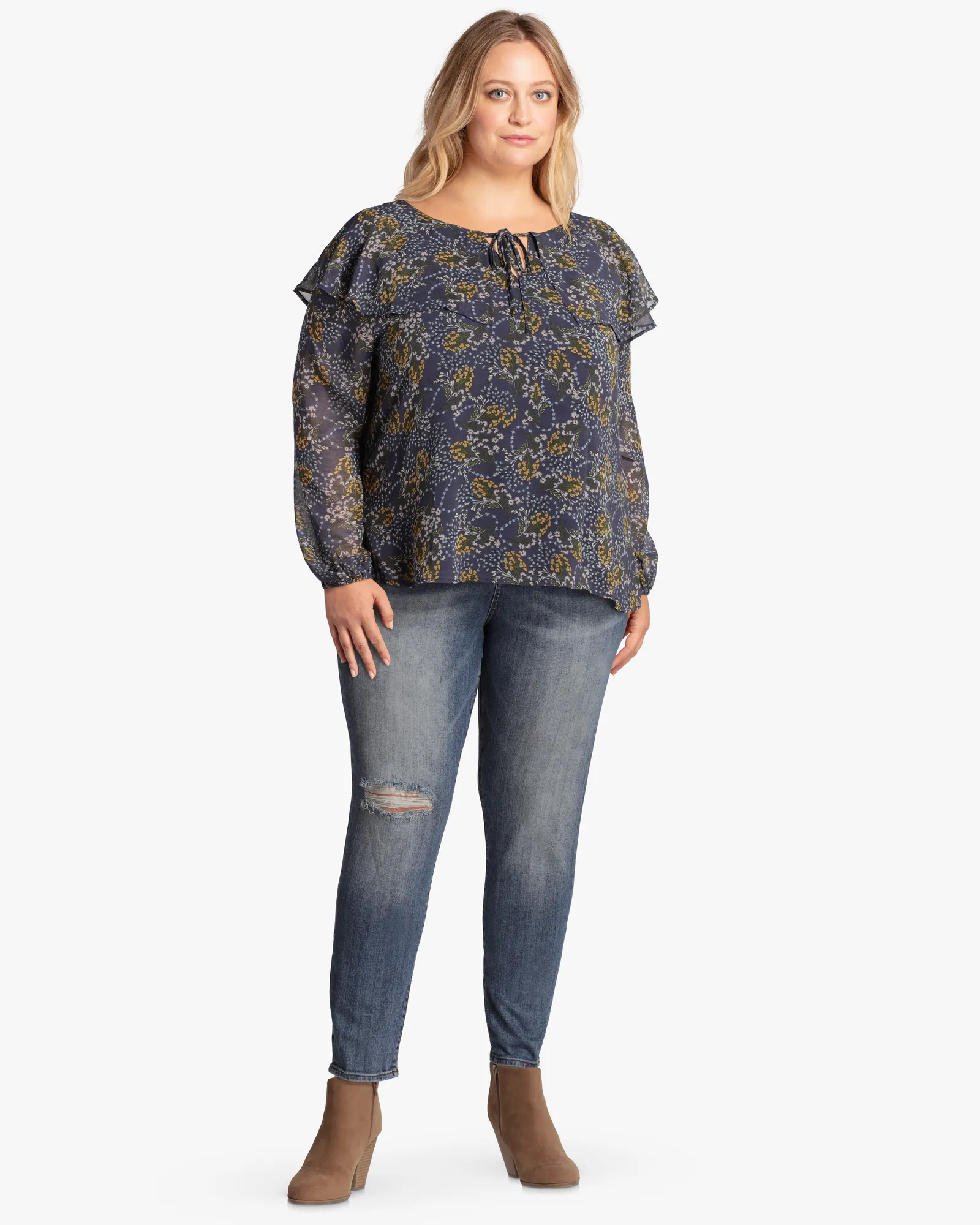 Charlotte Chiffon Ruffle Blouse | Navy / Orange