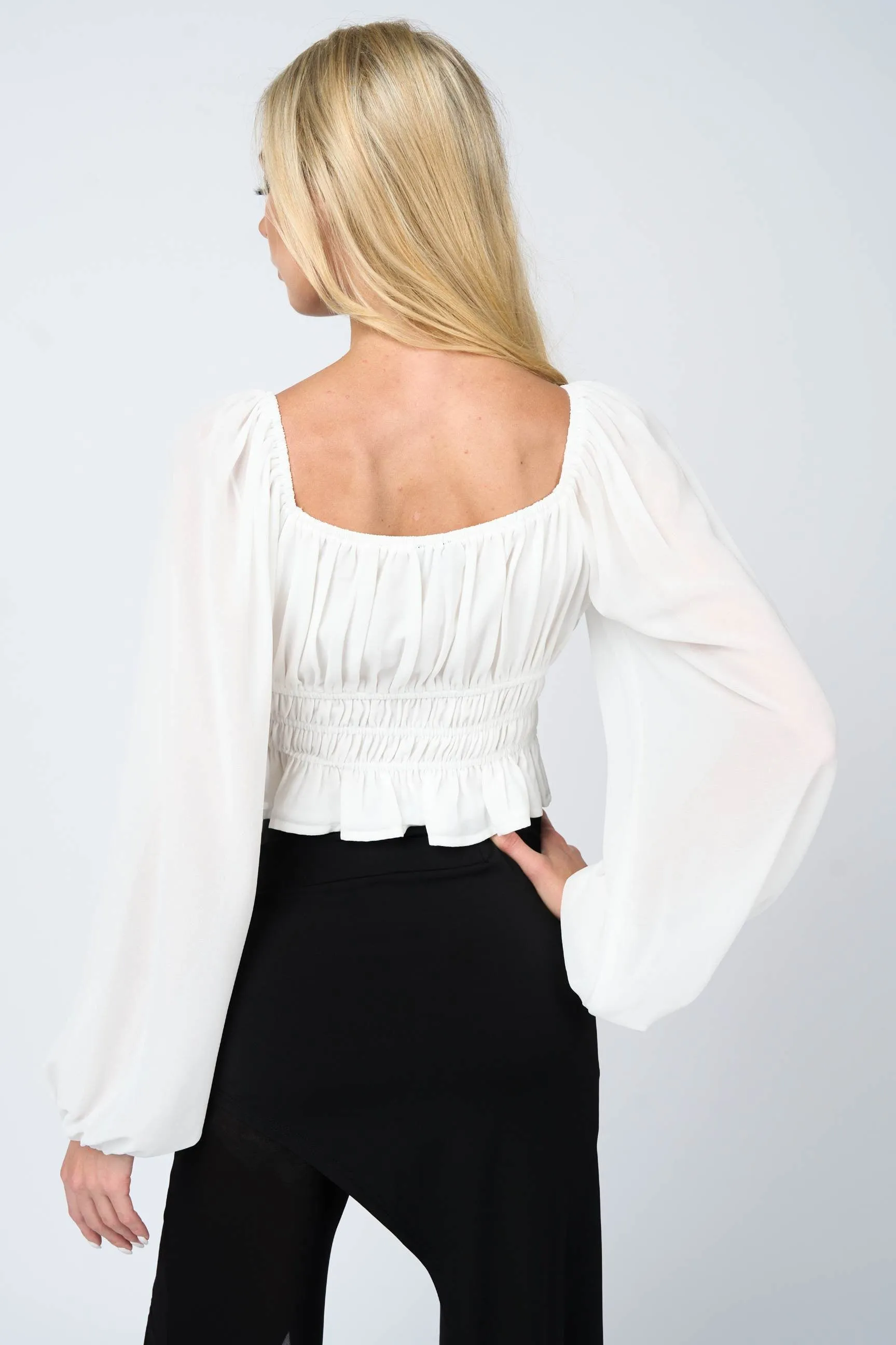 CHELSEA CHIFFON RUCHED RUFFLED PEASANT CROPPED TOP
