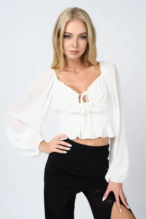CHELSEA CHIFFON RUCHED RUFFLED PEASANT CROPPED TOP