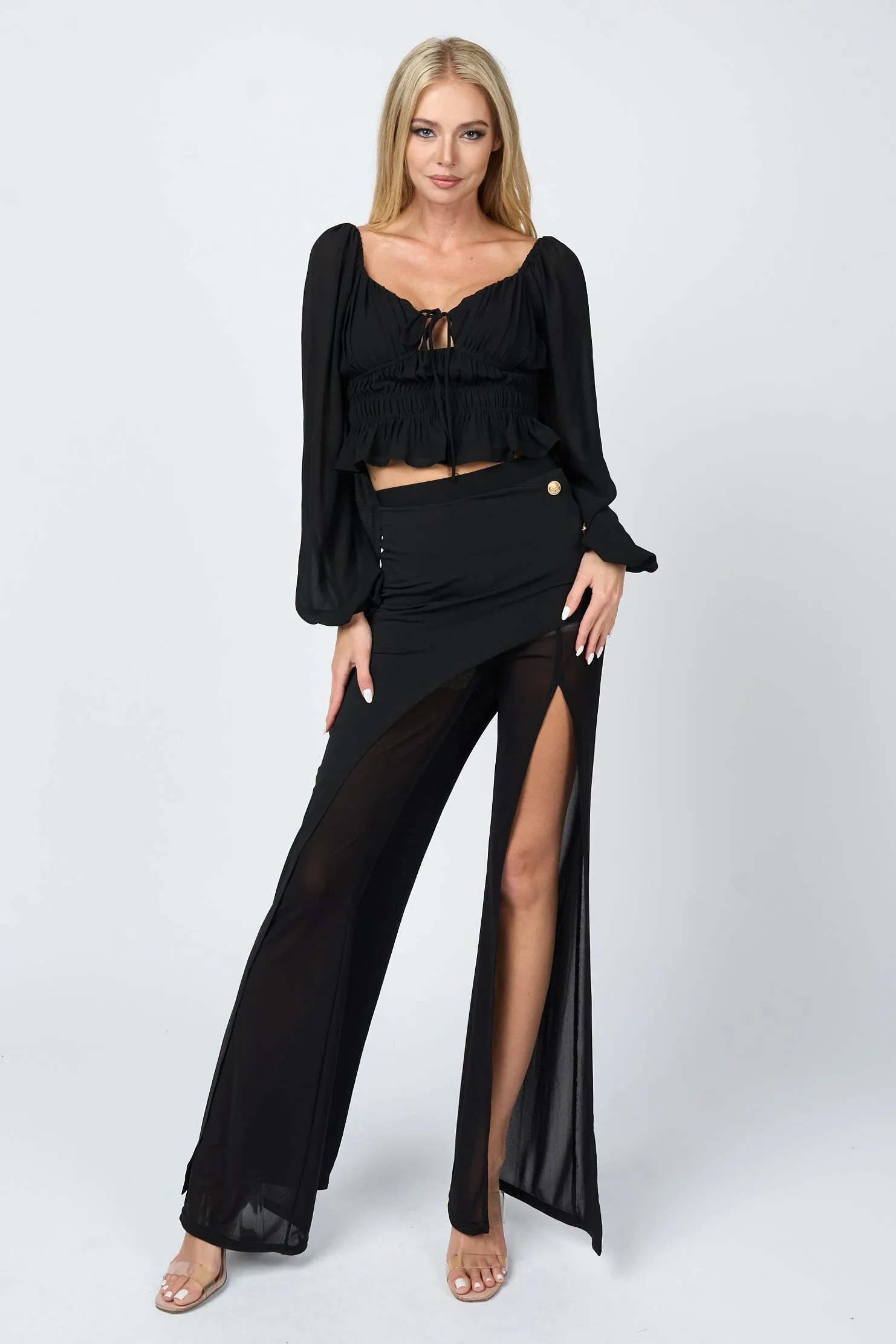 CHELSEA CHIFFON RUCHED RUFFLED PEASANT CROPPED TOP