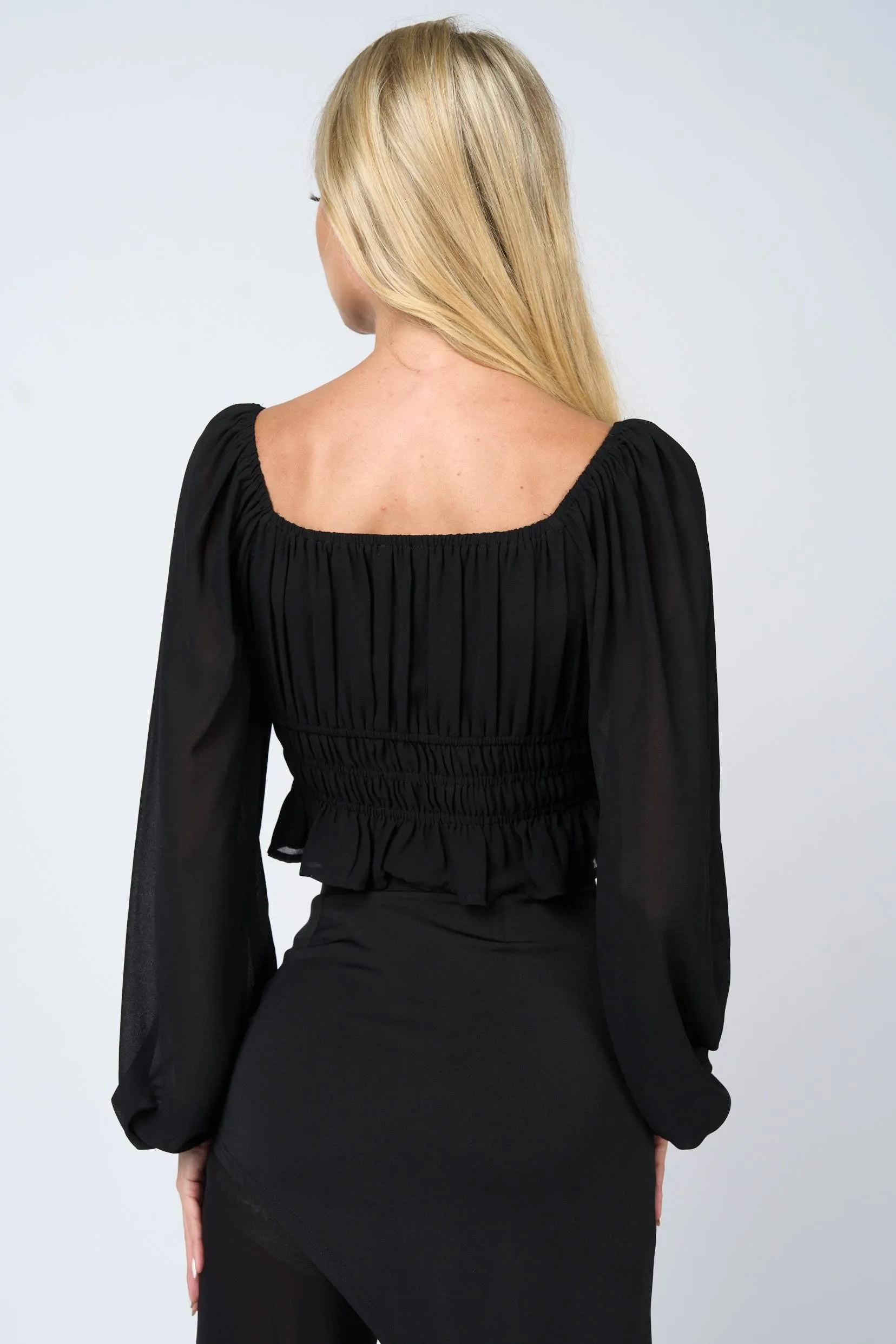 CHELSEA CHIFFON RUCHED RUFFLED PEASANT CROPPED TOP