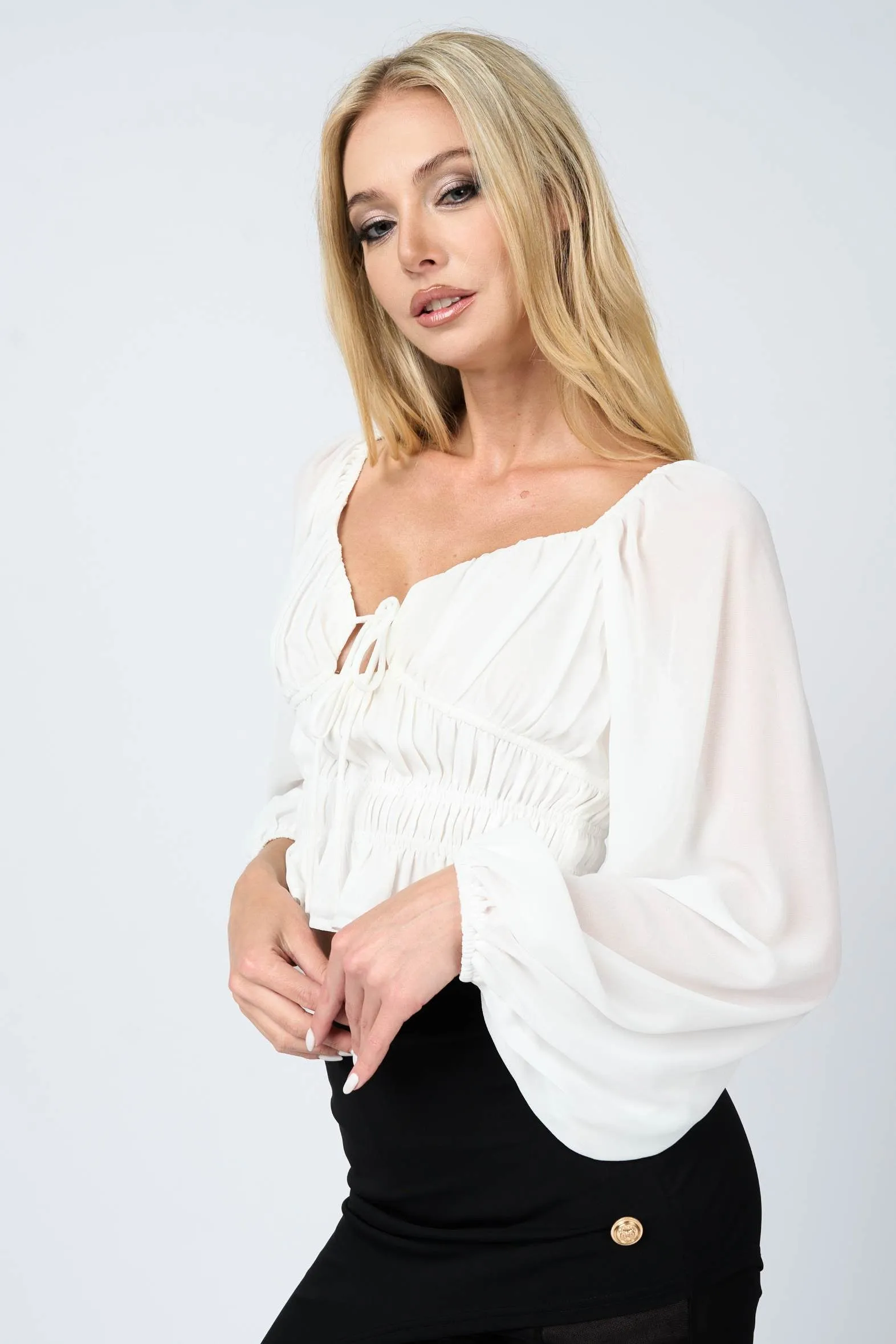 CHELSEA CHIFFON RUCHED RUFFLED PEASANT CROPPED TOP