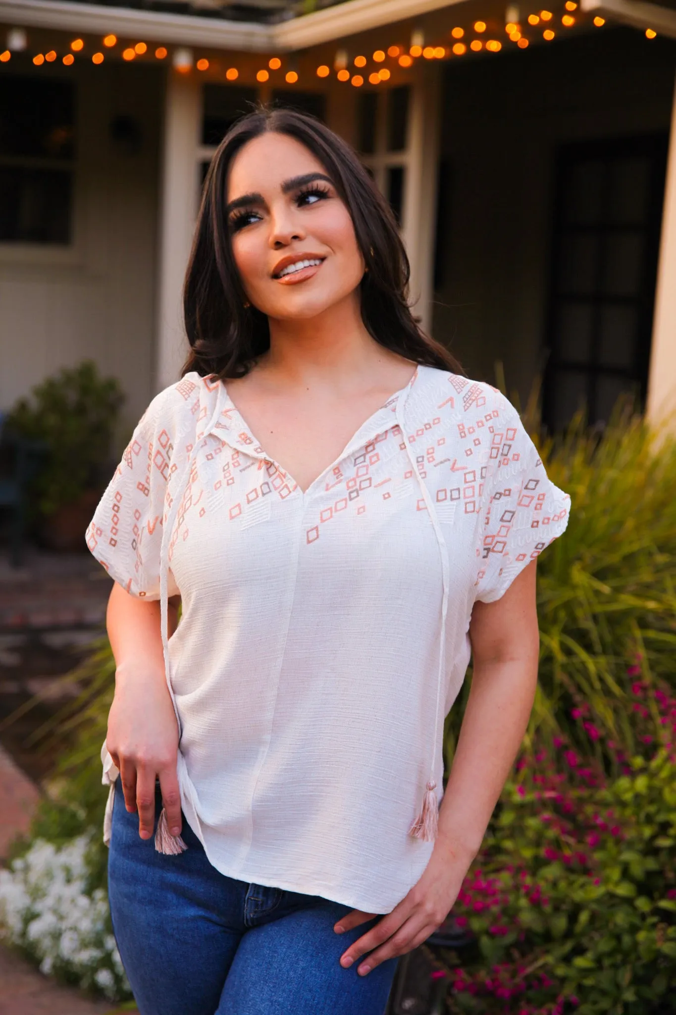 Dreamweaver Embroidered Blouse w/Tassel Tie - Natural/Multi