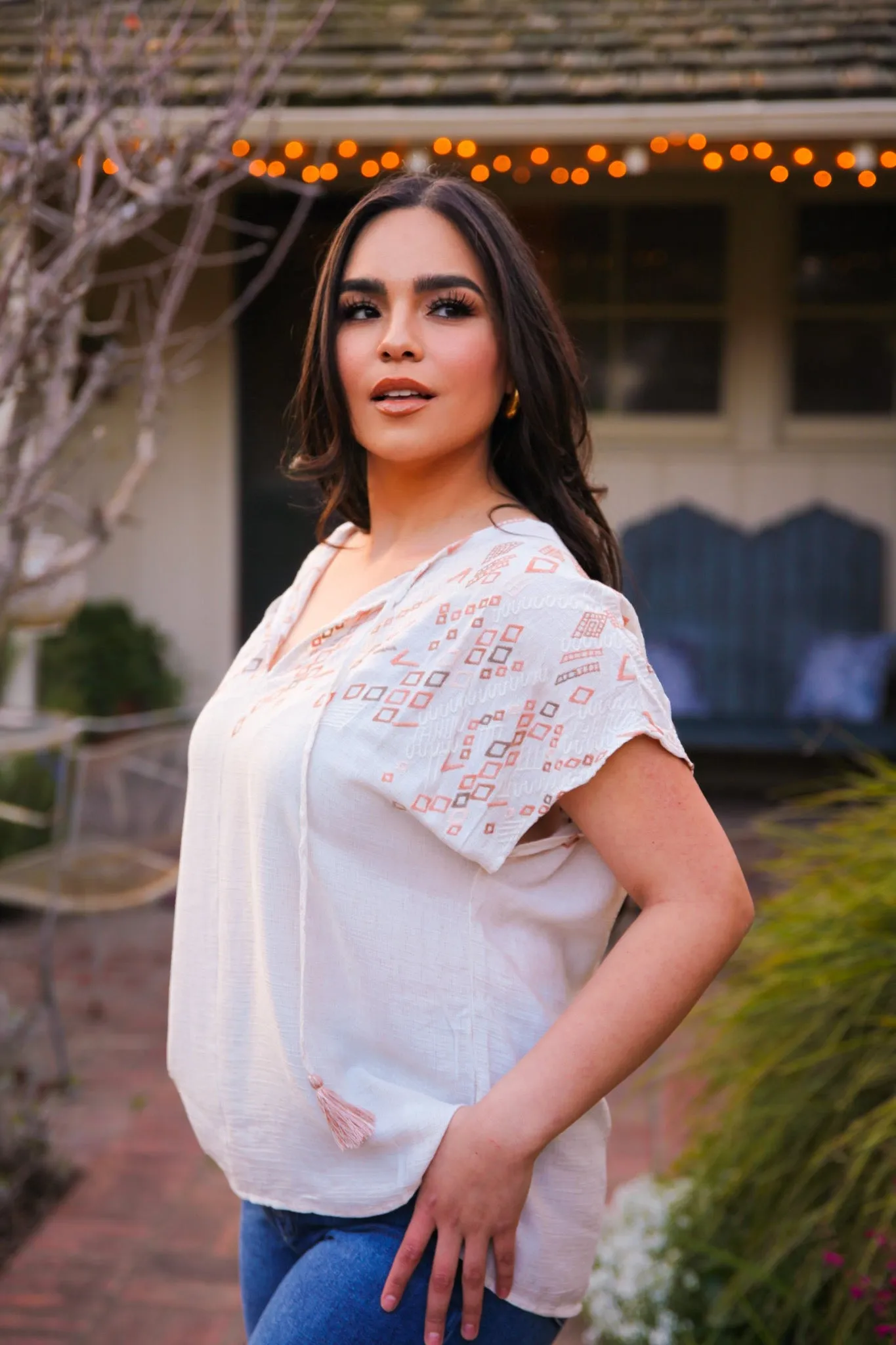 Dreamweaver Embroidered Blouse w/Tassel Tie - Natural/Multi