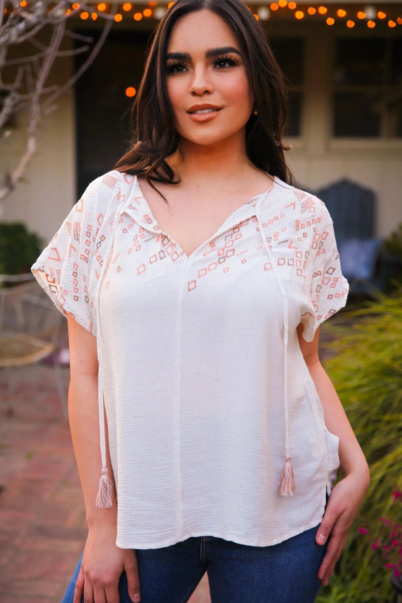 Dreamweaver Embroidered Blouse w/Tassel Tie - Natural/Multi