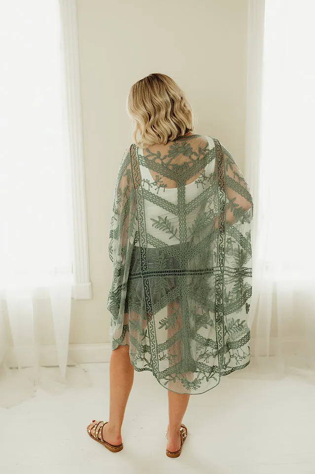 Embroidered Mesh Leaf Kimono