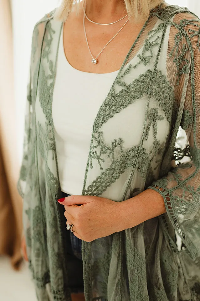 Embroidered Mesh Leaf Kimono