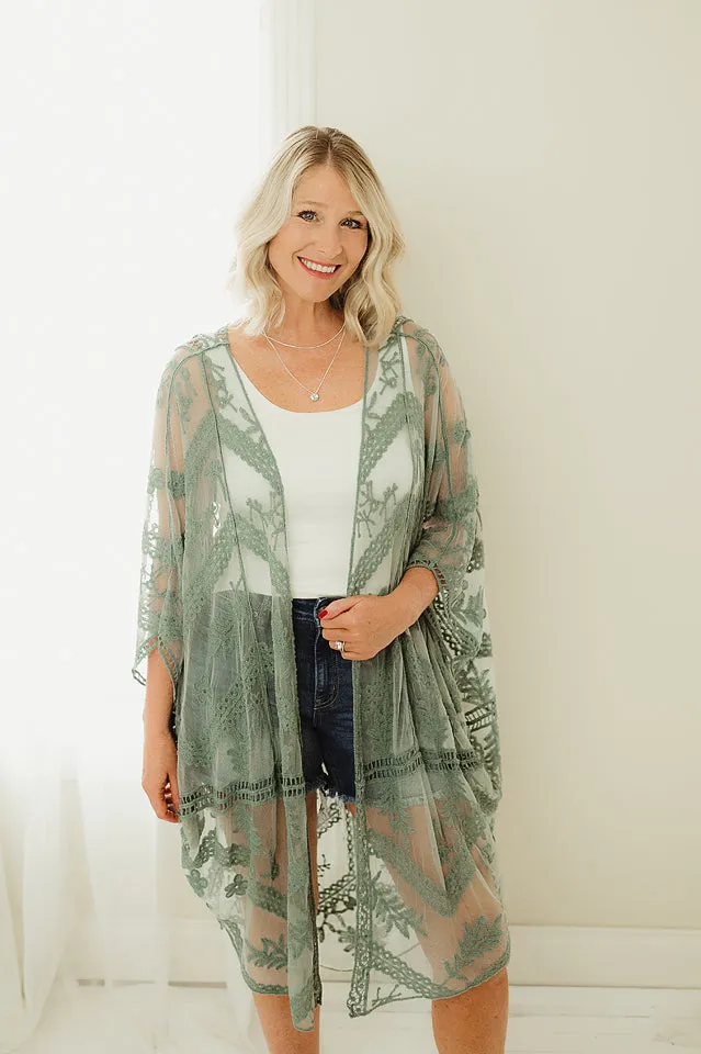 Embroidered Mesh Leaf Kimono