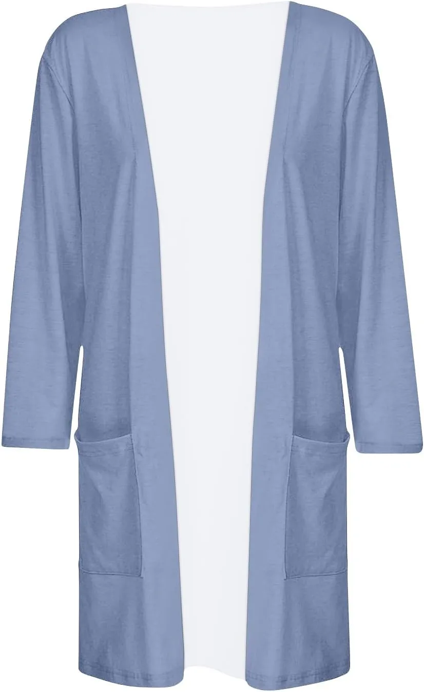 FlekmanArt Cardigan for Women Solid Color 3/4 Sleeve Open Front Cardigan Casual Trendy Flowy Lightweight Jacket with Pocket