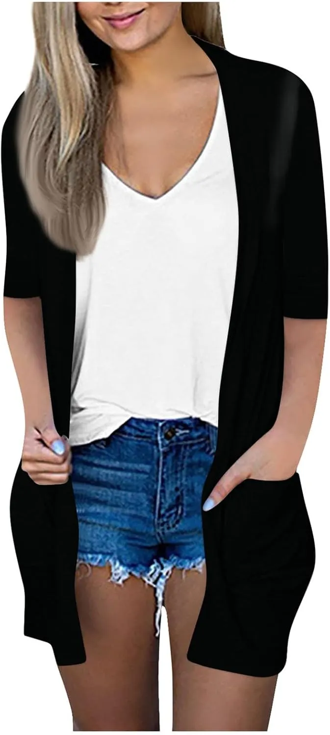 FlekmanArt Cardigan for Women Solid Color 3/4 Sleeve Open Front Cardigan Casual Trendy Flowy Lightweight Jacket with Pocket
