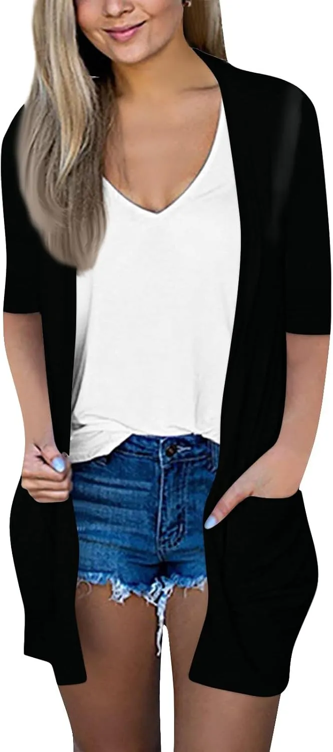 FlekmanArt Cardigan for Women Solid Color 3/4 Sleeve Open Front Cardigan Casual Trendy Flowy Lightweight Jacket with Pocket