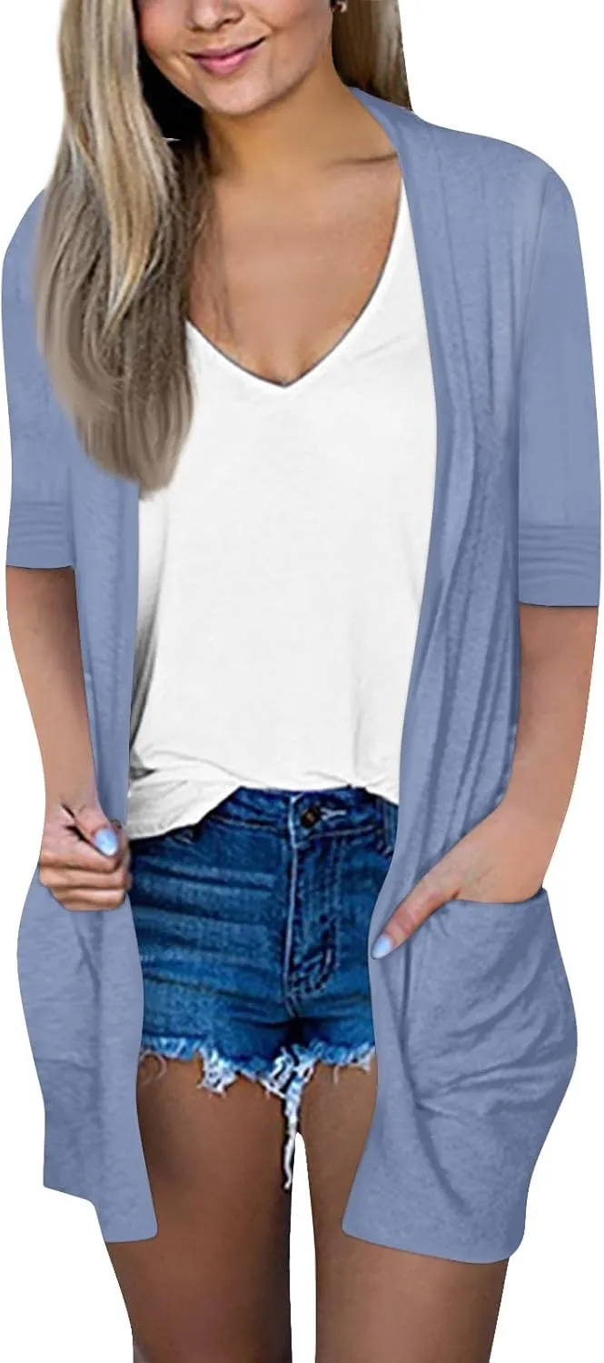 FlekmanArt Cardigan for Women Solid Color 3/4 Sleeve Open Front Cardigan Casual Trendy Flowy Lightweight Jacket with Pocket