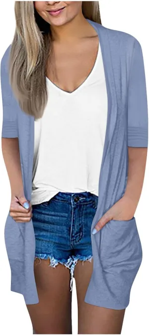 FlekmanArt Cardigan for Women Solid Color 3/4 Sleeve Open Front Cardigan Casual Trendy Flowy Lightweight Jacket with Pocket