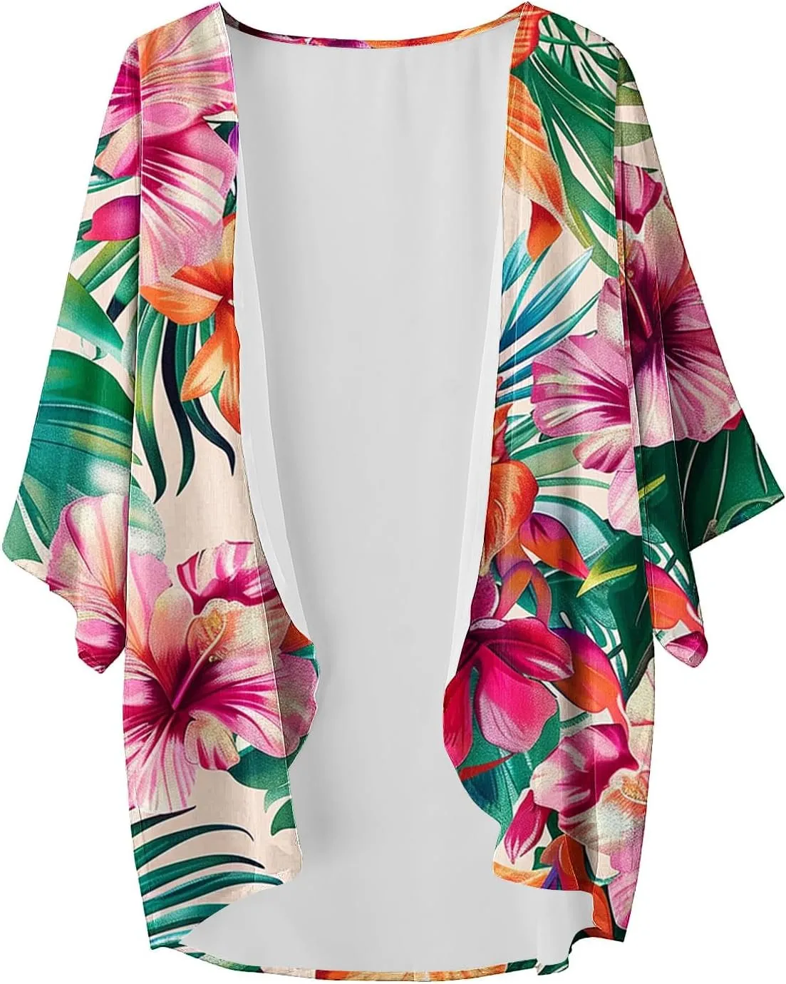 Floral Print Puff Sleeve Kimono For Women Cardigans 3/4 Sleeve Chiffon Coverup 2025 Loose Open Front Cover Beach Tops