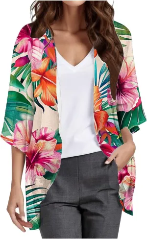 Floral Print Puff Sleeve Kimono For Women Cardigans 3/4 Sleeve Chiffon Coverup 2025 Loose Open Front Cover Beach Tops