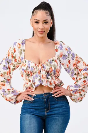 FLORAL RUCHED SMOCKED RUFFLED PEASANT CROP TOP