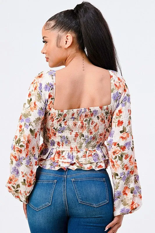 FLORAL RUCHED SMOCKED RUFFLED PEASANT CROP TOP