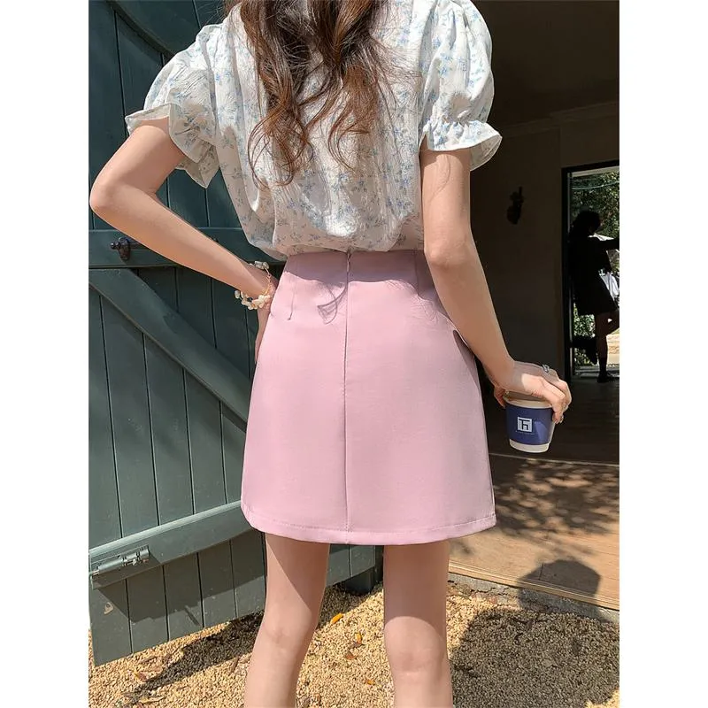 High-Waisted French Style Pink Skirt