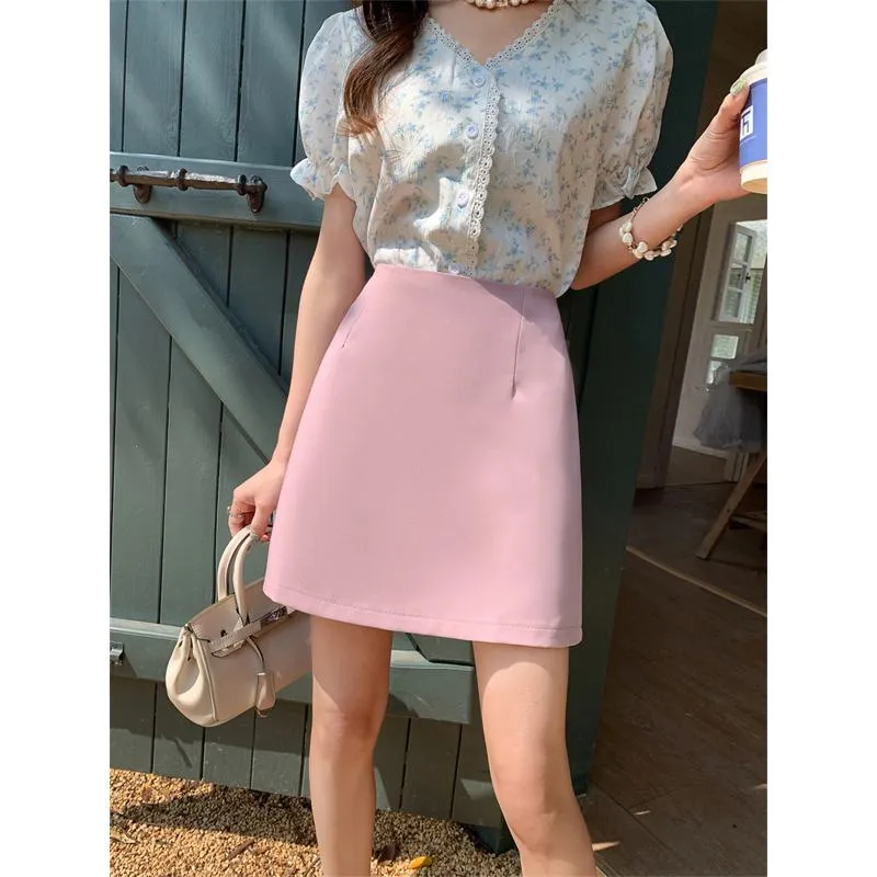 High-Waisted French Style Pink Skirt