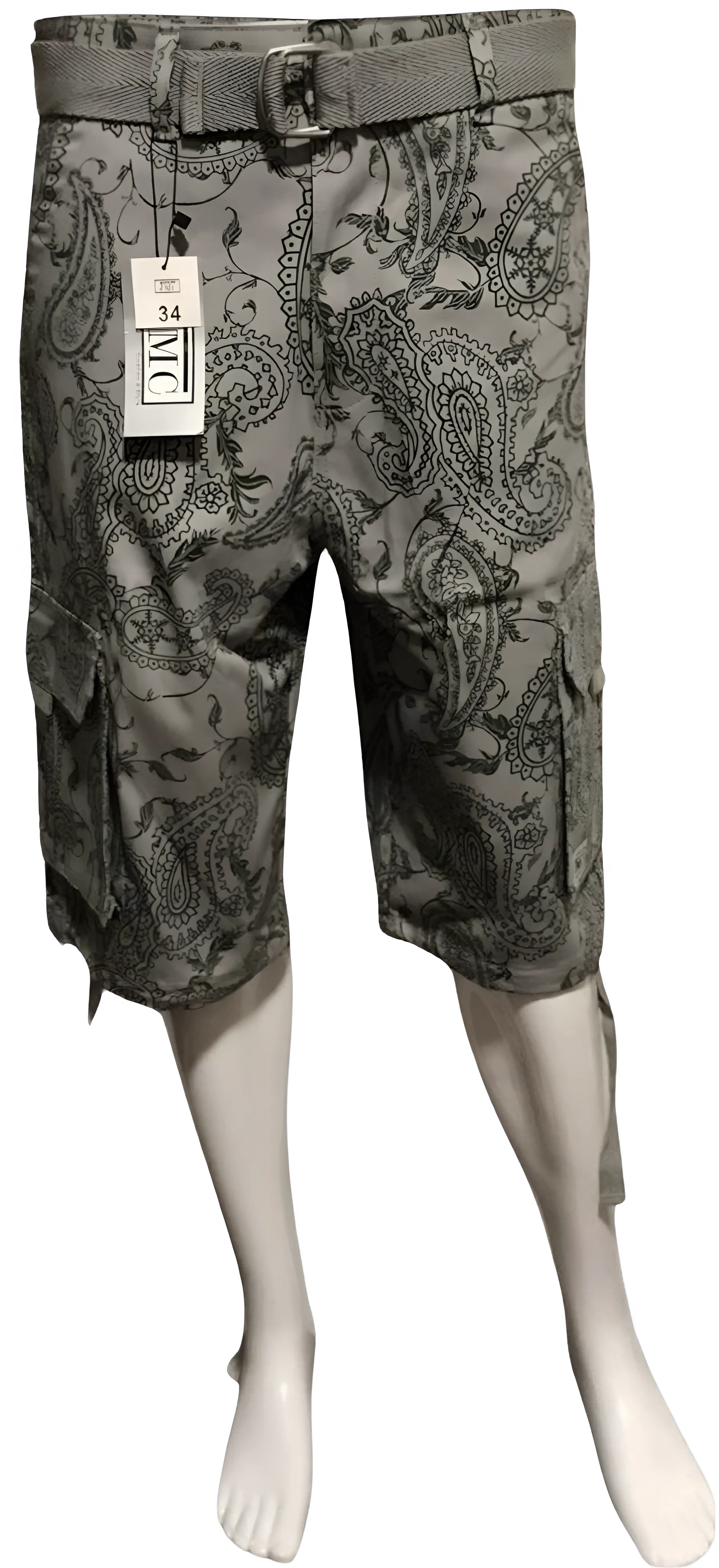 ^JMC^ BELTED GREY CARGO SHORTS WITH GREEN PAISLEY DESIGN