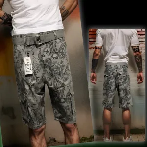 ^JMC^ BELTED GREY CARGO SHORTS WITH GREEN PAISLEY DESIGN