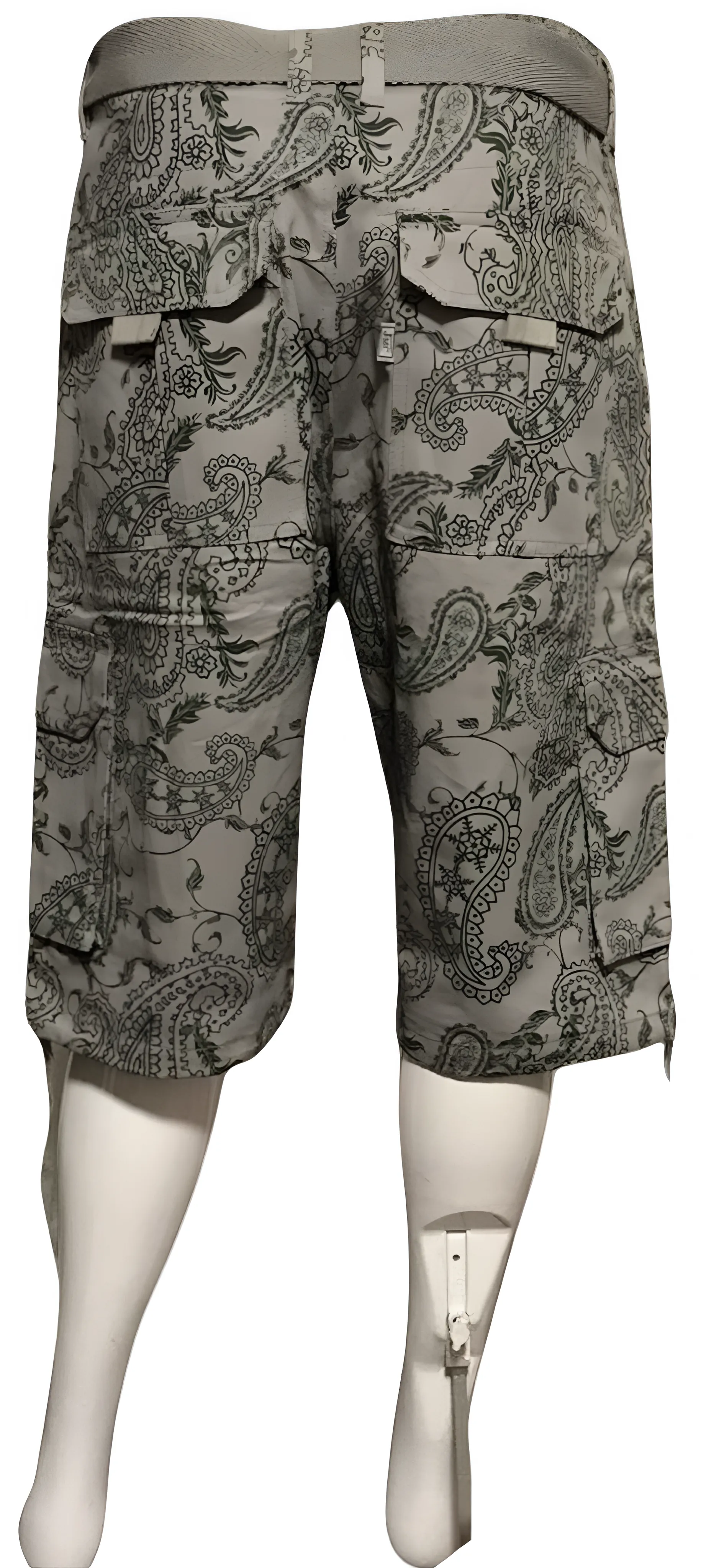 ^JMC^ BELTED GREY CARGO SHORTS WITH GREEN PAISLEY DESIGN