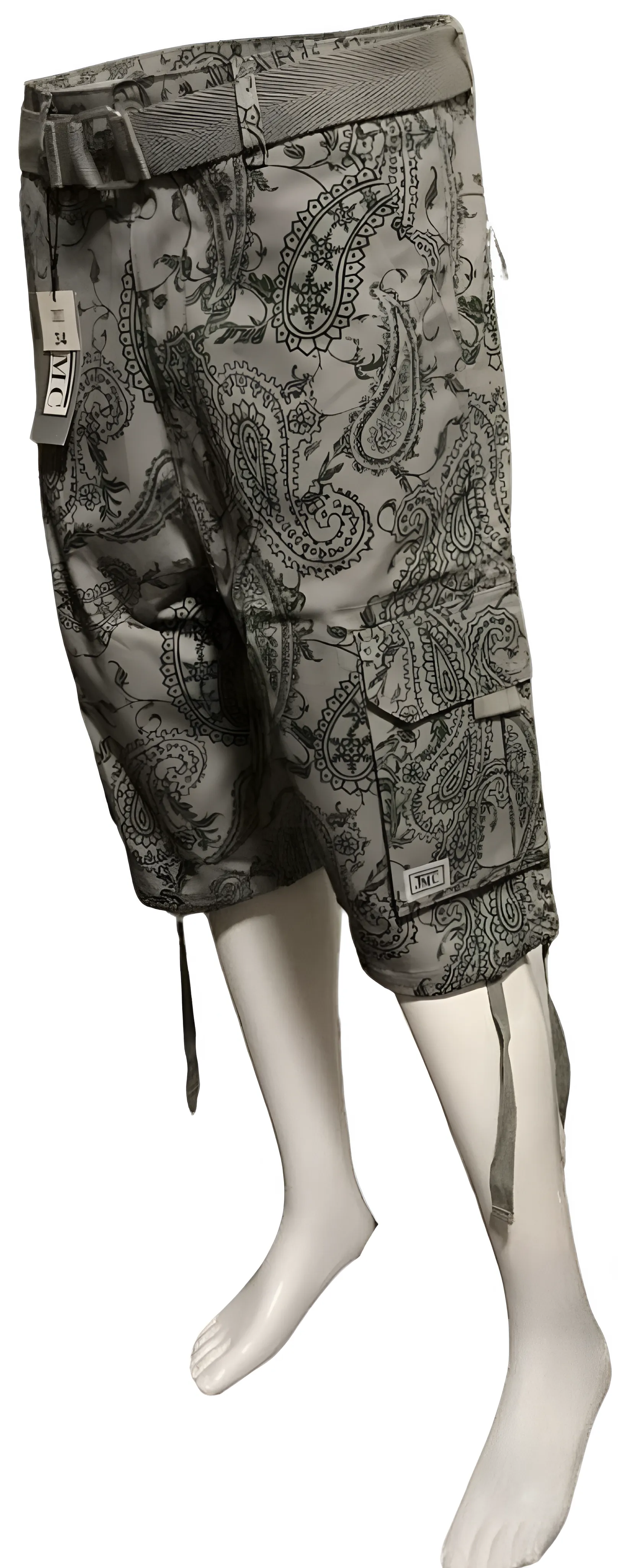 ^JMC^ BELTED GREY CARGO SHORTS WITH GREEN PAISLEY DESIGN