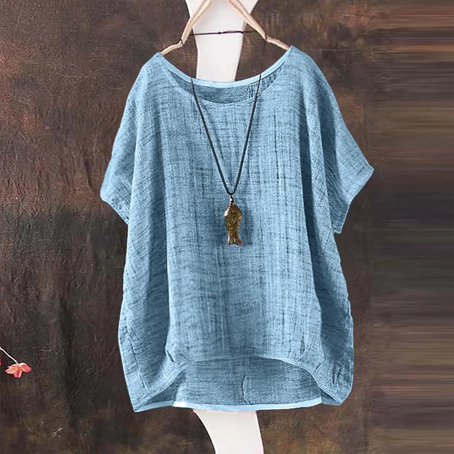 Linen Shirts for Women Summer 2024 Trendy Plus Size Crewneck Short Sleeve Cute Tops Casual Loose Fit Comfy Blouses