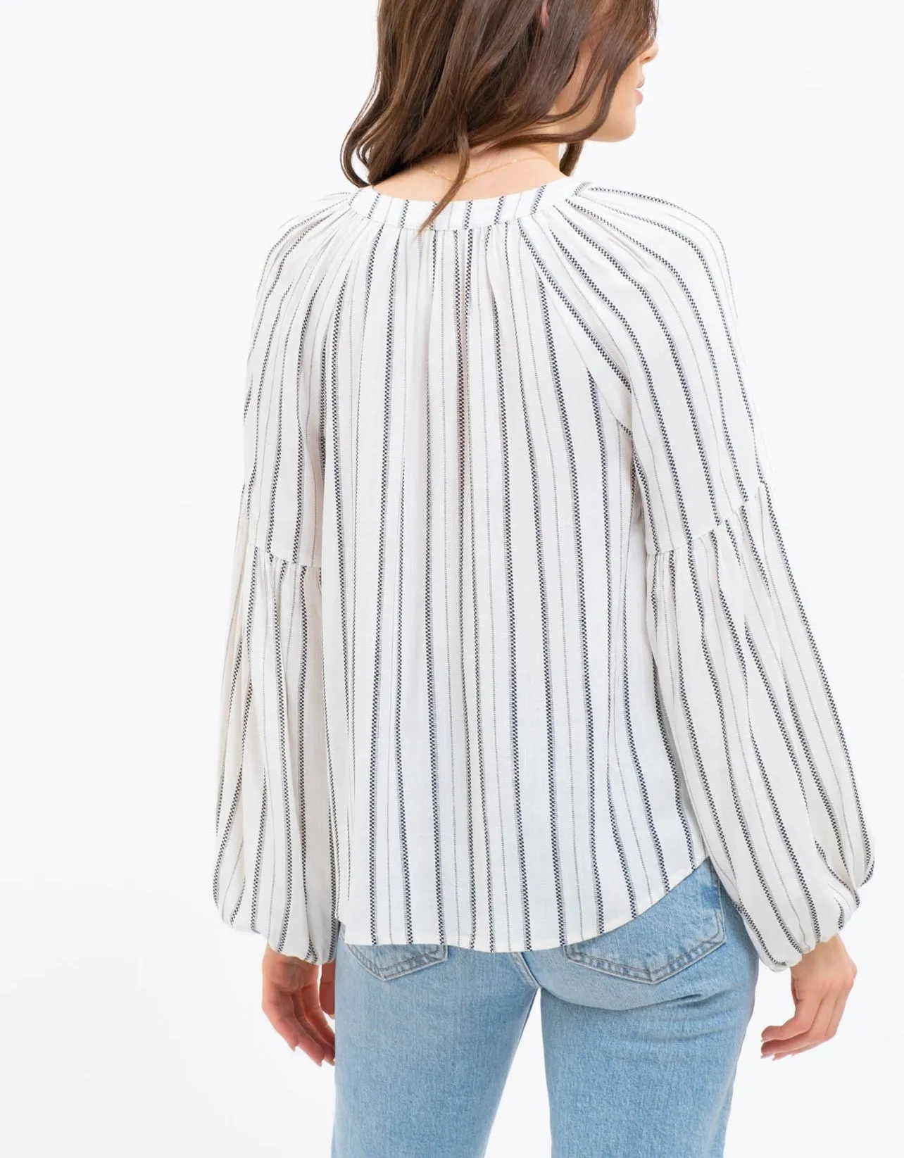 Long Sleeve Striped Peasant Top in Ivory