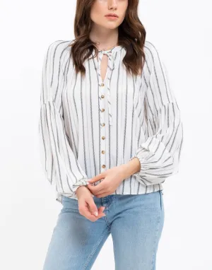 Long Sleeve Striped Peasant Top in Ivory